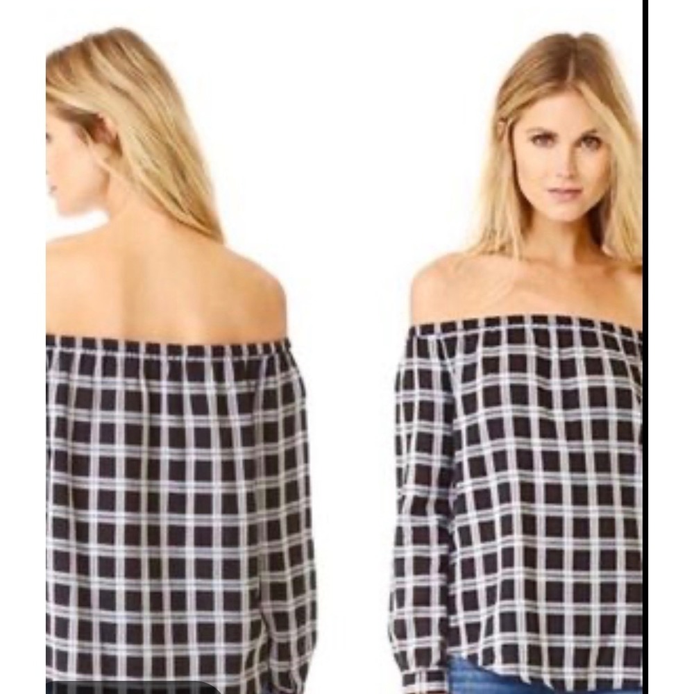Rag & Bone JEAN Greta Off The Shoulder Plaid Blouse Black White Long Sleeve LG